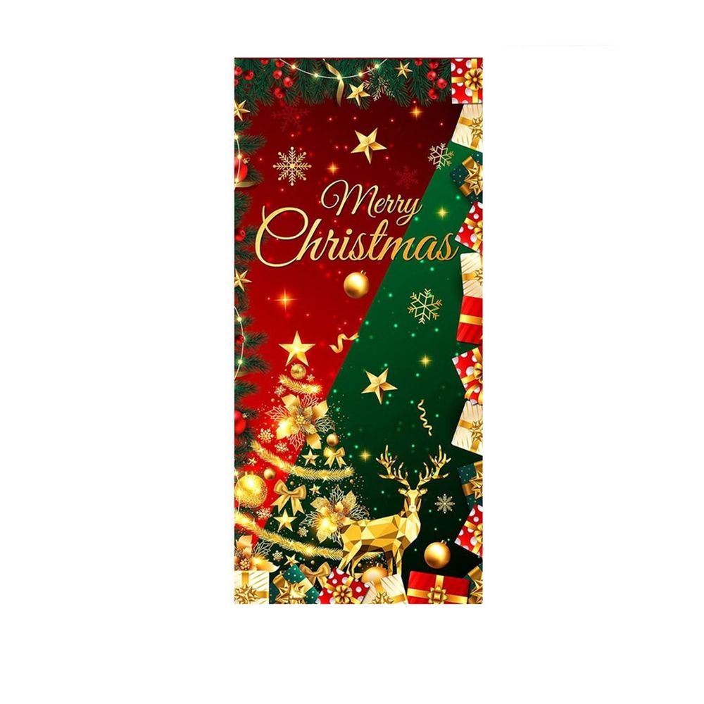 Red Green Christmas Door Cover Merry Christmas Door Decorations Banner Glitter Christmas Tree Elk Snowflake Porch Sign Backdrop Background for Christmas New Year Winter Holiday Party Decor