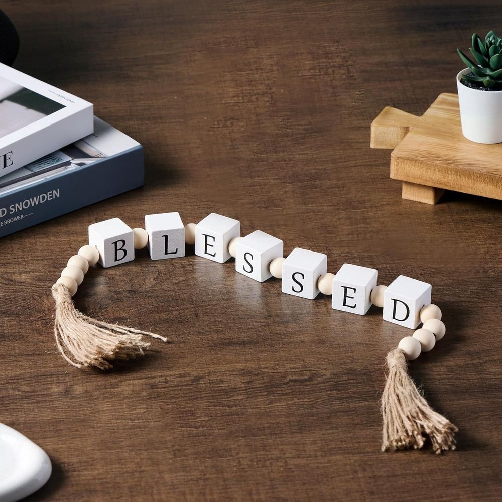 Wooden Blessed Bead Garland with Tassels, Decorative Wood Beads for Home Decor, Tabletop, Coffee Table, Shelf