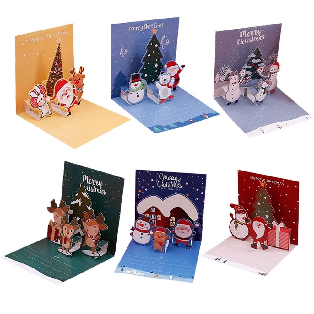 Christmas Cards, 6 Pack Small Pop - Up Christmas Gift Card with Envelopes Stickers, 3D Cute Holiday Greeting Cards Santa Snowman Reindeer Xmas Tree Set Box Christmas Cards