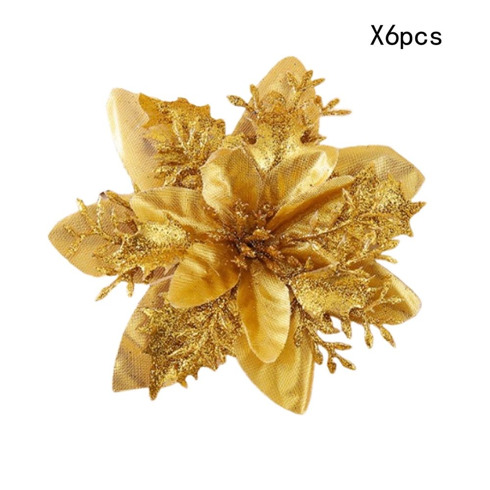 6 Pcs Glitter Poinsettia 5.5" Artificial Flowers Christmas with Clips Stems, Xmas New Year Tree Ornaments for Wedding Party Wreath Decoration (Silver)