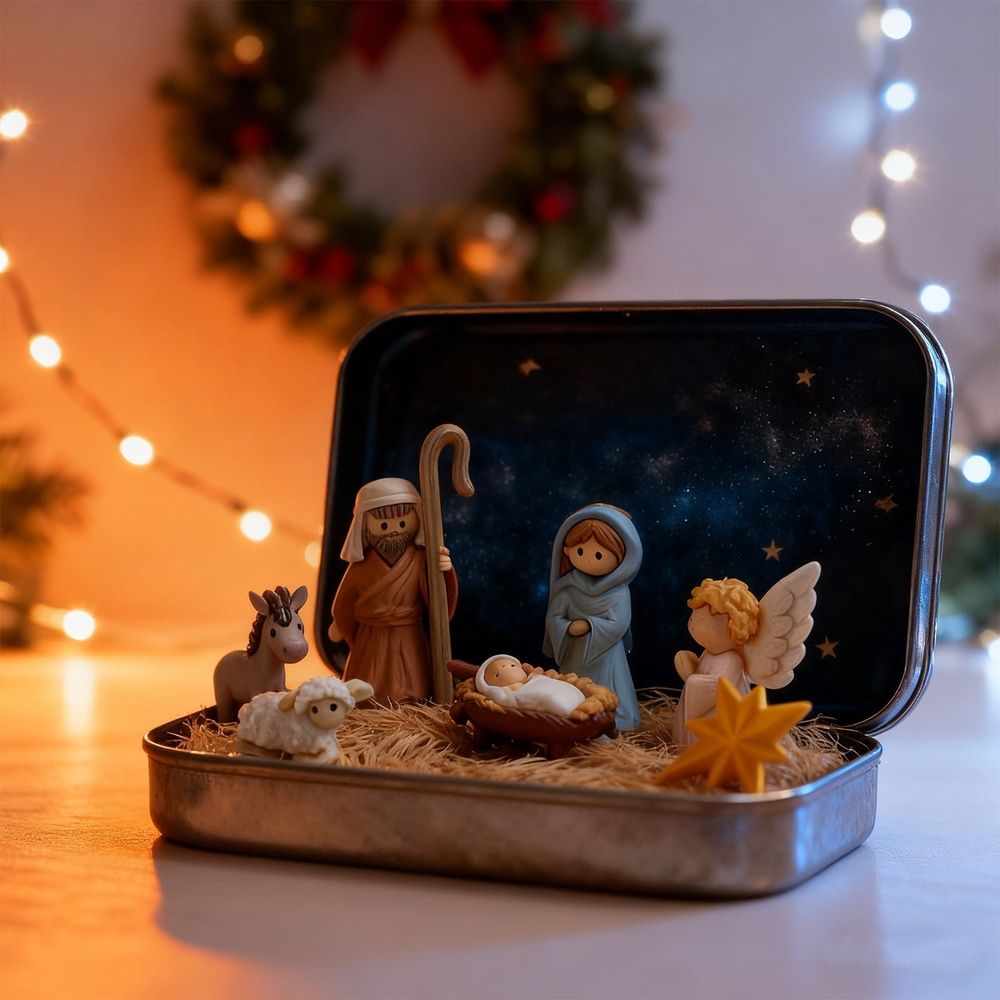 Mini Christmas Nativity Set in a Tin Box – Handcrafted Pocket Nativity Scene with Mini Jesus Figurines, Tiny Figures & Holy Family, Religious Christmas Decoration for Home or Travel (B)