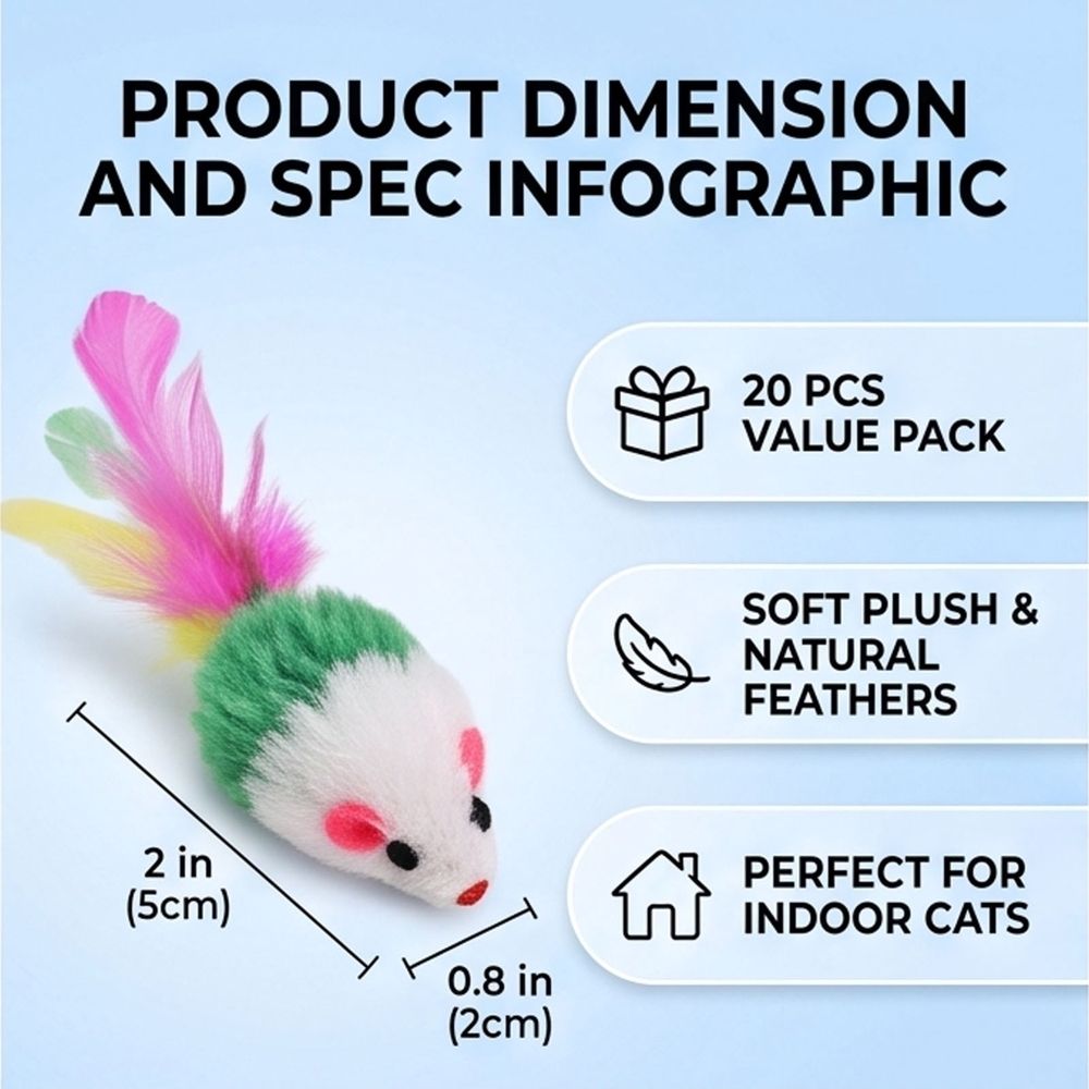 20PCS Cat Play Mice, Plush Interactive Cat Play Set with Tails, Colorful Feather Mice for Indoor Active Play & Stimulation