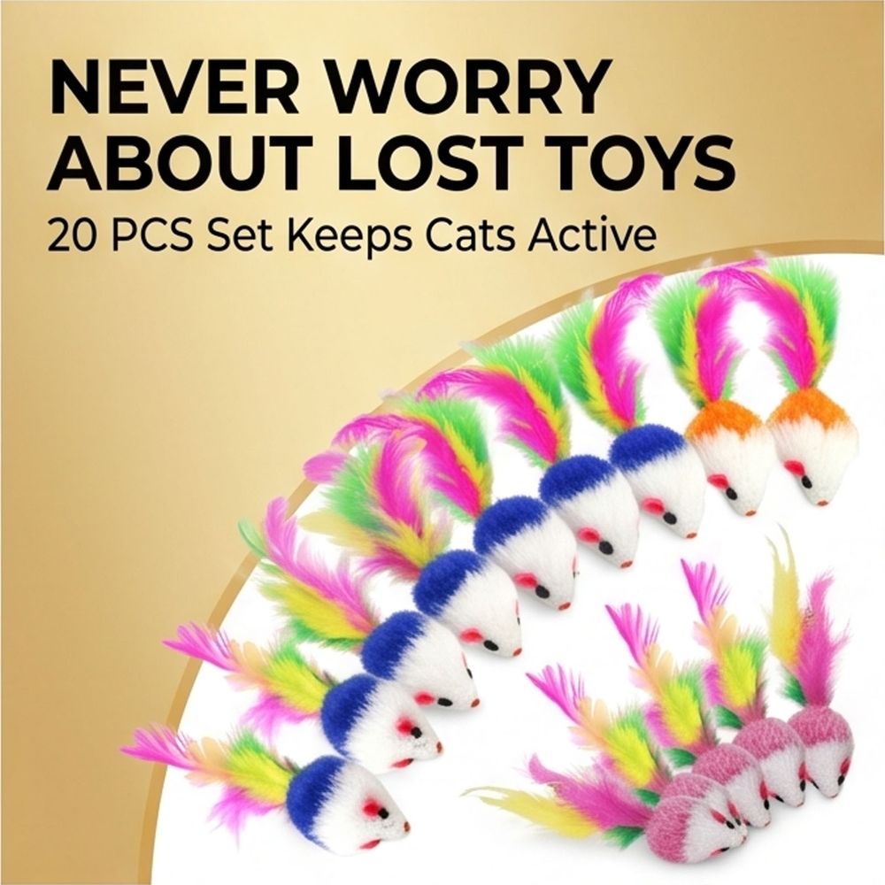 20PCS Cat Play Mice, Plush Interactive Cat Play Set with Tails, Colorful Feather Mice for Indoor Active Play & Stimulation