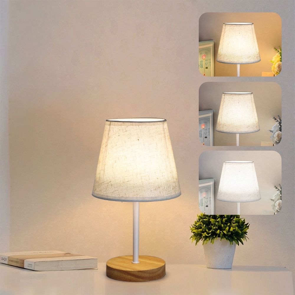 3 Way Dimmable Table Lamp 26.5x15cm Solid Wood LED Nightstand Bedside Adjustable Brightness Flaxen Shade Living Room Bedroom Office Dorm