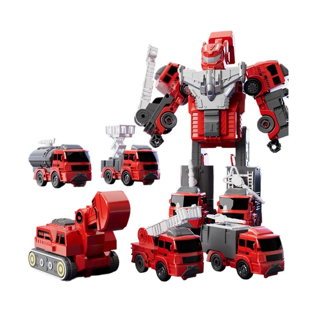 Puzzle Transformation Fire Truck and Engineering Vehicle 5-in-1 Robot Model, Press & Go Cars for Early Education, Red Yellow, 23x16x13cm/9.05x6.29x5.1in