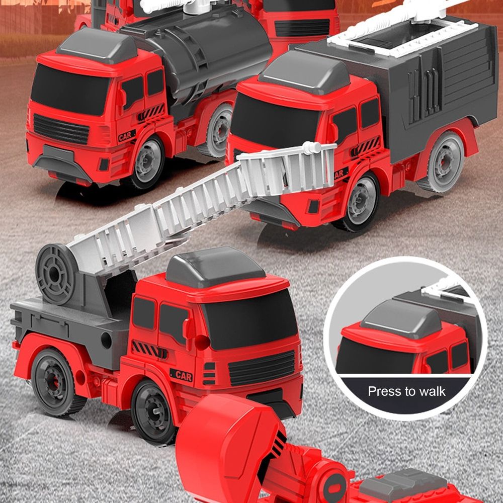 Puzzle Transformation Fire Truck and Engineering Vehicle 5-in-1 Robot Model, Press & Go Cars for Early Education, Red Yellow, 23x16x13cm/9.05x6.29x5.1in