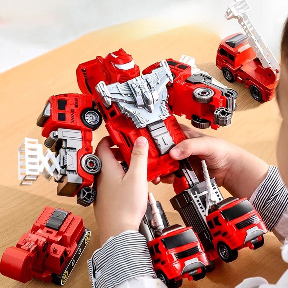 Puzzle Transformation Fire Truck and Engineering Vehicle 5-in-1 Robot Model, Press & Go Cars for Early Education, Red Yellow, 23x16x13cm/9.05x6.29x5.1in