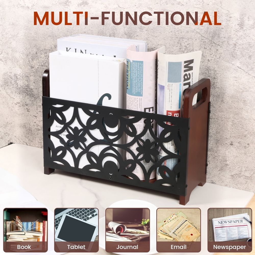 Wood Magazine Rack with Metal Wire Basket and Handle, Farmhouse Magazine Holder Organizer for Coffee Table, Bookshelf and Beside Recliner