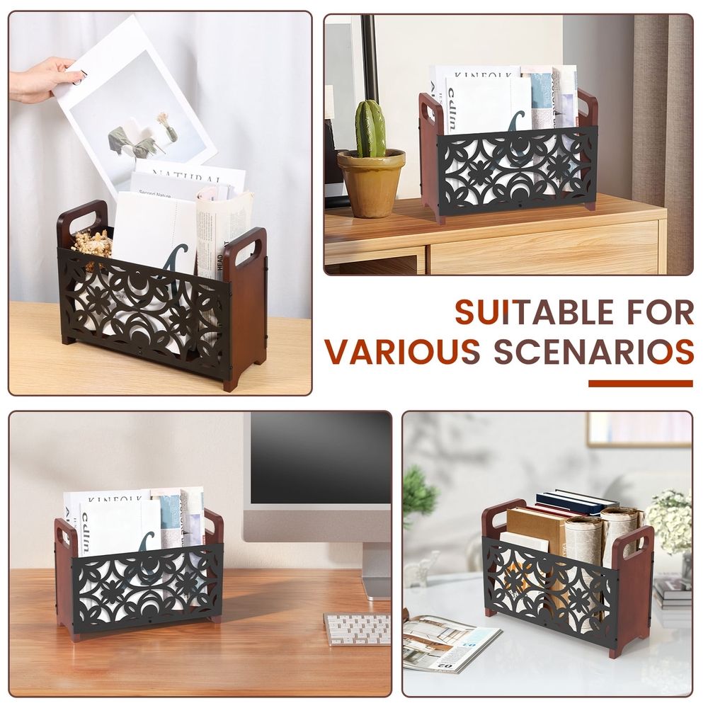 Wood Magazine Rack with Metal Wire Basket and Handle, Farmhouse Magazine Holder Organizer for Coffee Table, Bookshelf and Beside Recliner