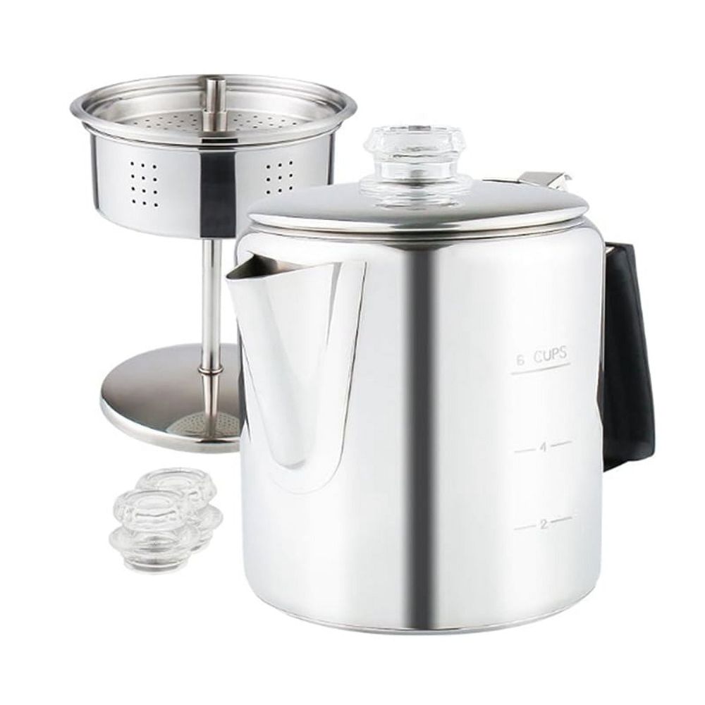 Multi Use Percolator Coffee Pot with Heat Glass Knob & Silica Gel Handle, for Indoor Induction Cooktop, 6 Cup