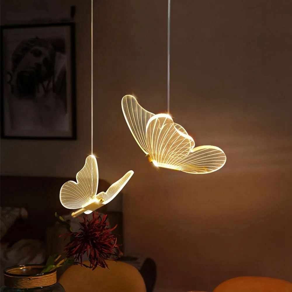 2X Butterfly LED Pendant Lights Nordic Golden Bedside Chandelier Lighting for Living Room Bedroom Bedside Lamp B