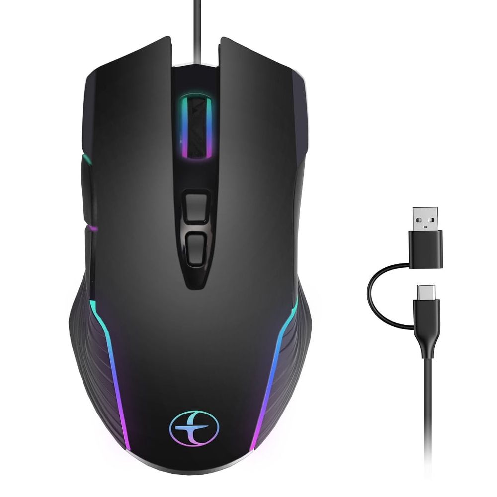 Ergonomic Corded Gaming Mouse USB C USB A Port Color Backlit Adjustment 7200DPI For PC Tablets Computer