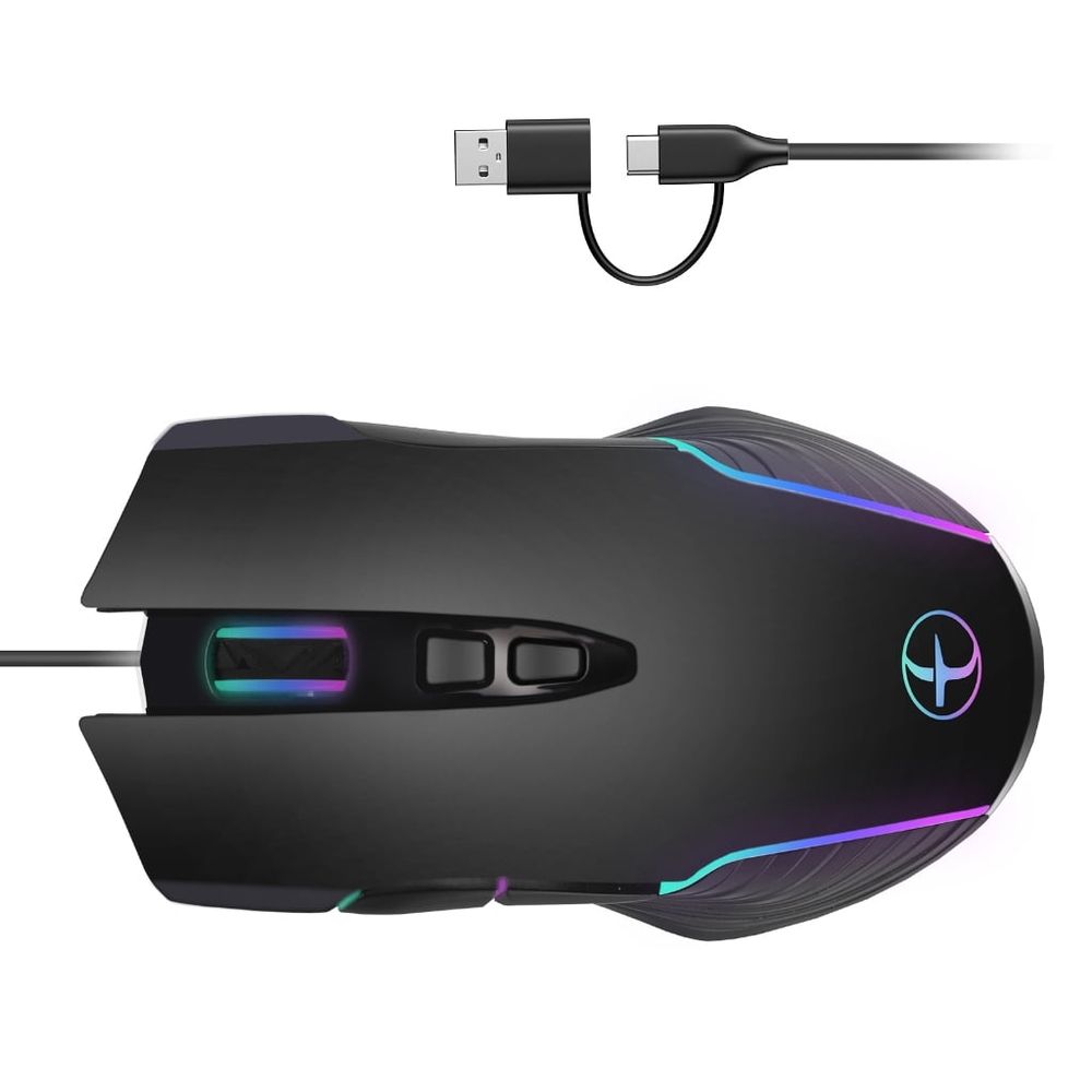 Ergonomic Corded Gaming Mouse USB C USB A Port Color Backlit Adjustment 7200DPI For PC Tablets Computer