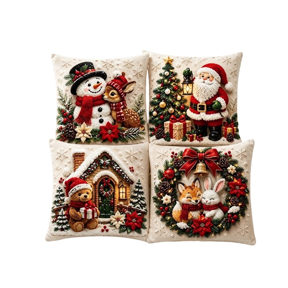 Christmas Decorative Throw Pillow Covers, 4 Pack Holiday Themed Cushion Slipcovers, Hidden Zipper Design, Embossed Visual Texture, Indoor Sofa Bedroom Living Room Decor,White