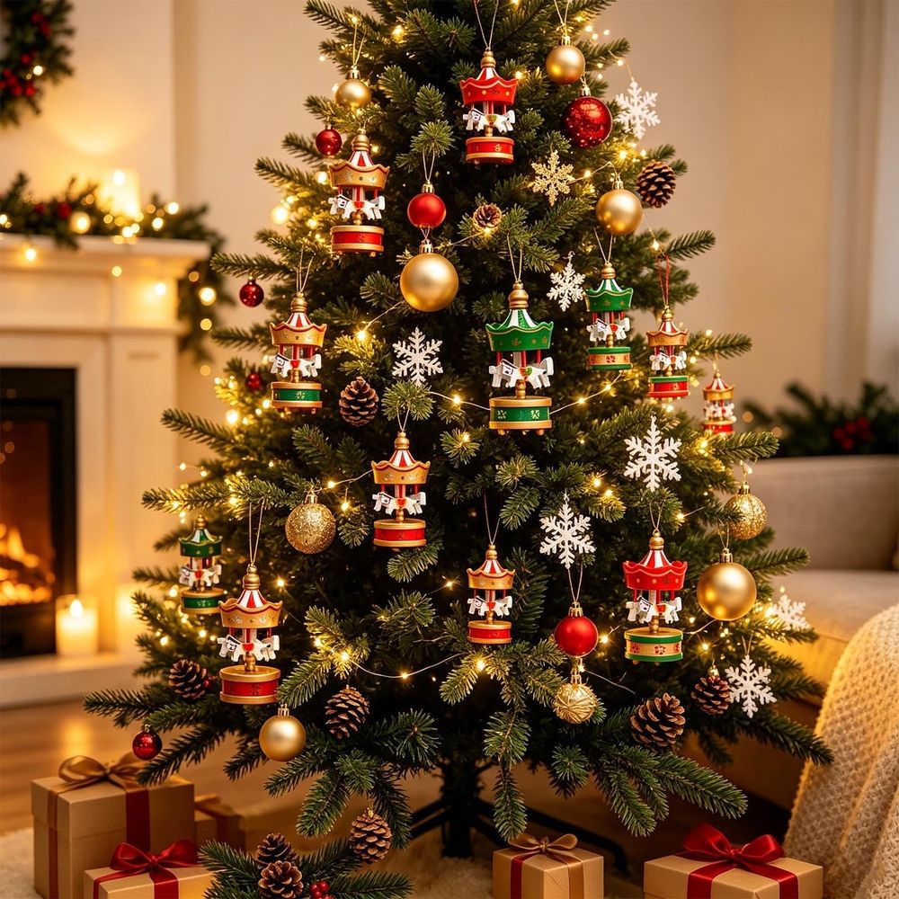 Elegant Mini Carousel Decorations, Hanging Ornaments, Easy Setup, Festive Holiday Accents, Christmas Tree Accessories, Home Party Styling,Red