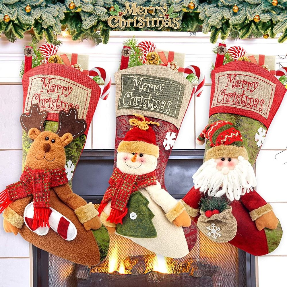 Christmas Stockings 18" Large Fireplace Hanging Christmas Stockings Decorations Santa, Snowman & Reindeer Christmas Stockings Family Holiday Xmas Party Decorations