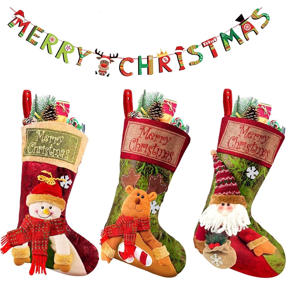 Christmas Stockings 18" Large Fireplace Hanging Christmas Stockings Decorations Santa, Snowman & Reindeer Christmas Stockings Family Holiday Xmas Party Decorations