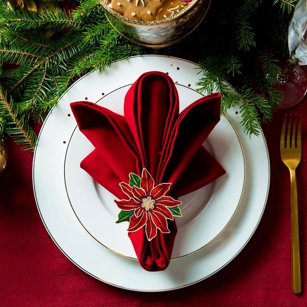 Christmas Napkin Rings Set of 6 Poinsettia Napkin Rings Gold Christmas Napkin Holder for Cloth Napkins Thanksgiving Christmas