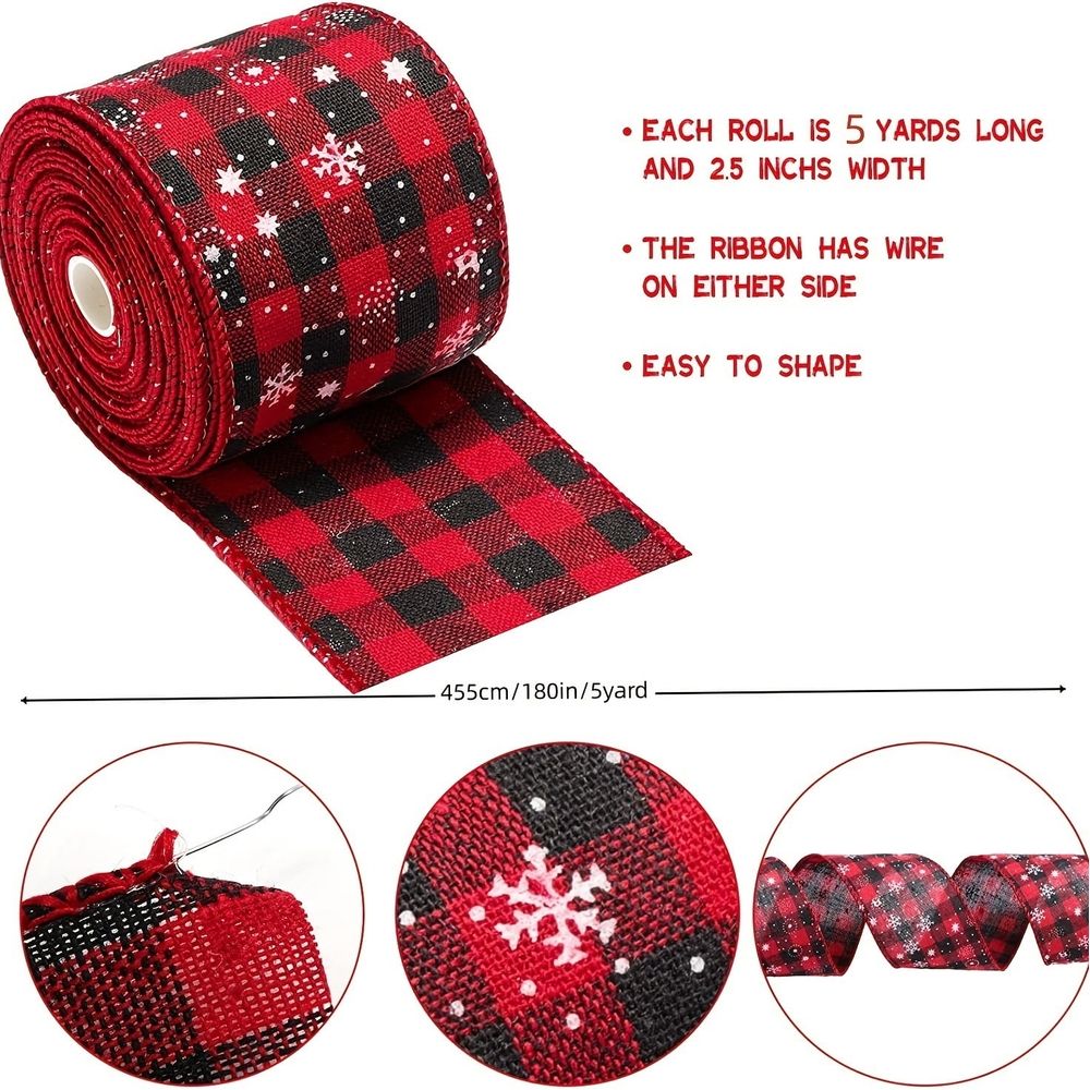 Christmas Buffalo Plaid Ribbon Wired Edge 5 Yard Plaid Burlap Ribbon Christmas Checked Burlap Ribbon for Christmas Tree Wrapping Crafts Decoration 2.5 inch Width