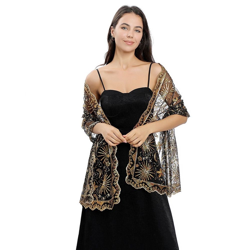 Women's Glittering Shawl Scarf Mesh Sequin Wedding Bridal Cape Fringed Evening Wraps Shawls