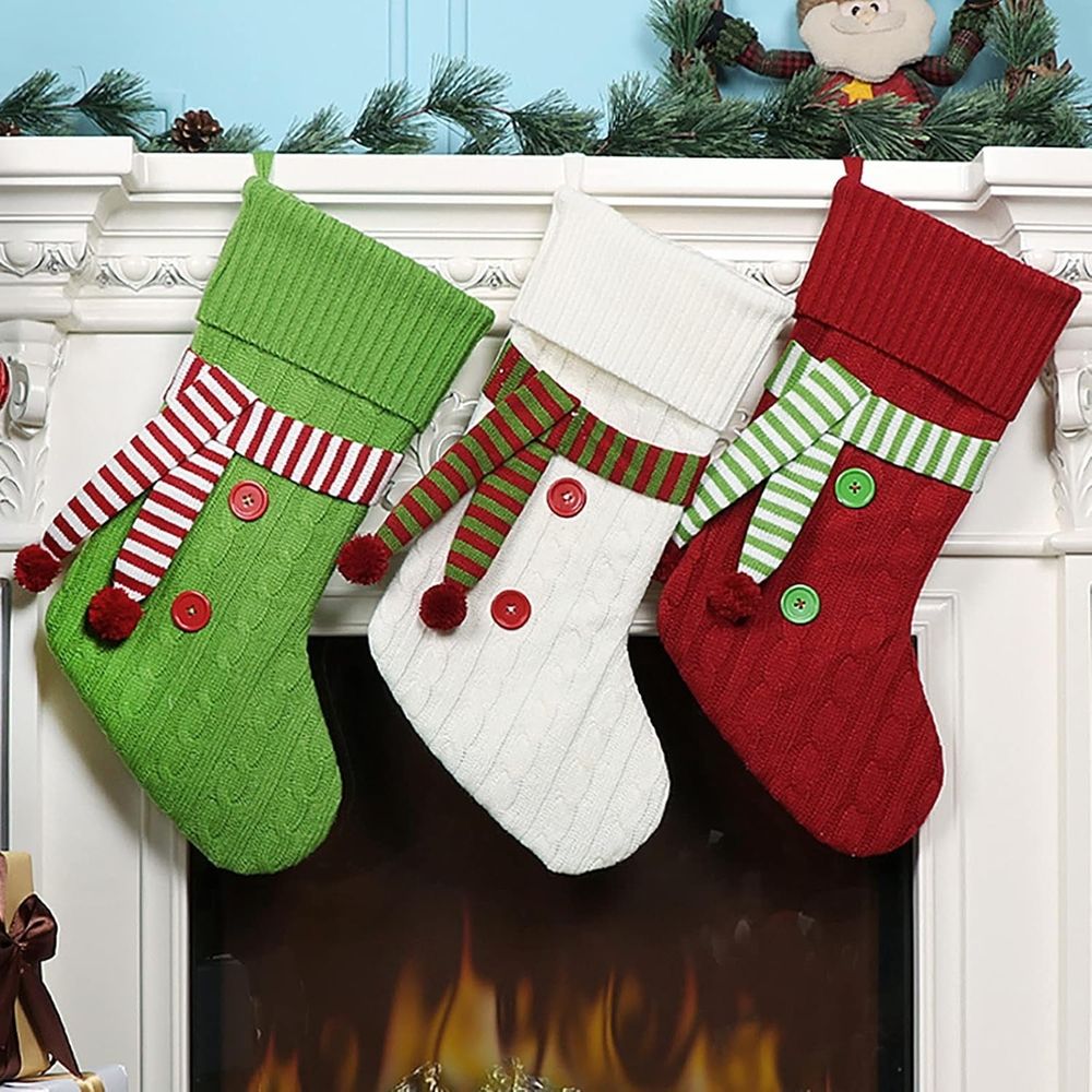Knitted Christmas Stocking with Scarf Red Green White Hanging Stockings Classic Xmas Hanging Decorations for Christmas Party Home Fireplace Decor Family Friend Gift, 20inch