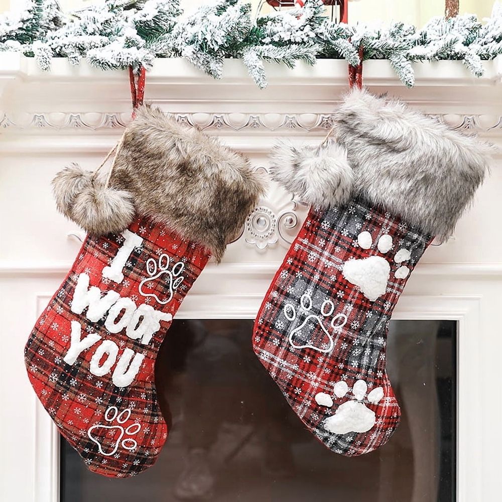 Dog Christmas Stocking 18 Inch Buffalo Plaid Christmas Stockings Plush Faux Fur Cuff Christmas Hanging Stockings with Letter and Dog Paw for Xmas Decoration