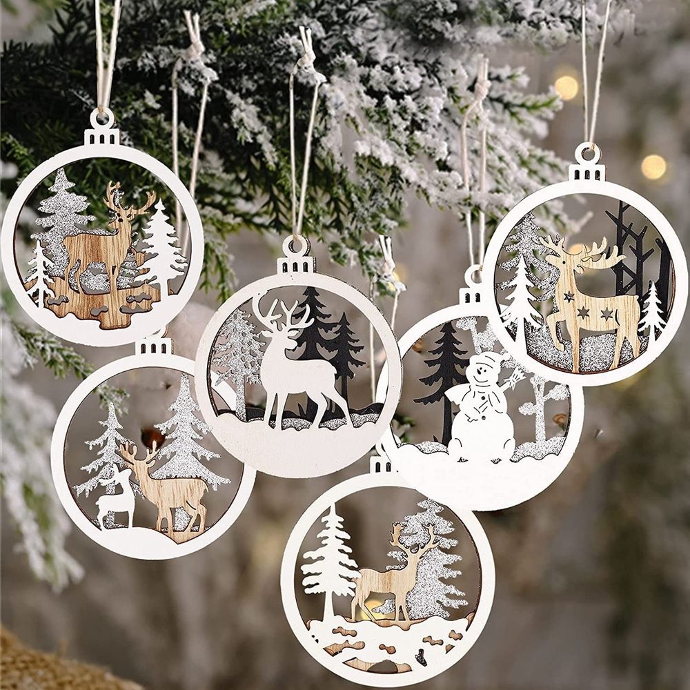 6 Pcs Wooden Christmas Ornaments Wonderland Ornaments Winter Vintage Christmas Hanging Ornaments Rustic Hollow Woodland Reindeer Snowflake Decor for Tree Farmhouse Xmas Holiday Decor