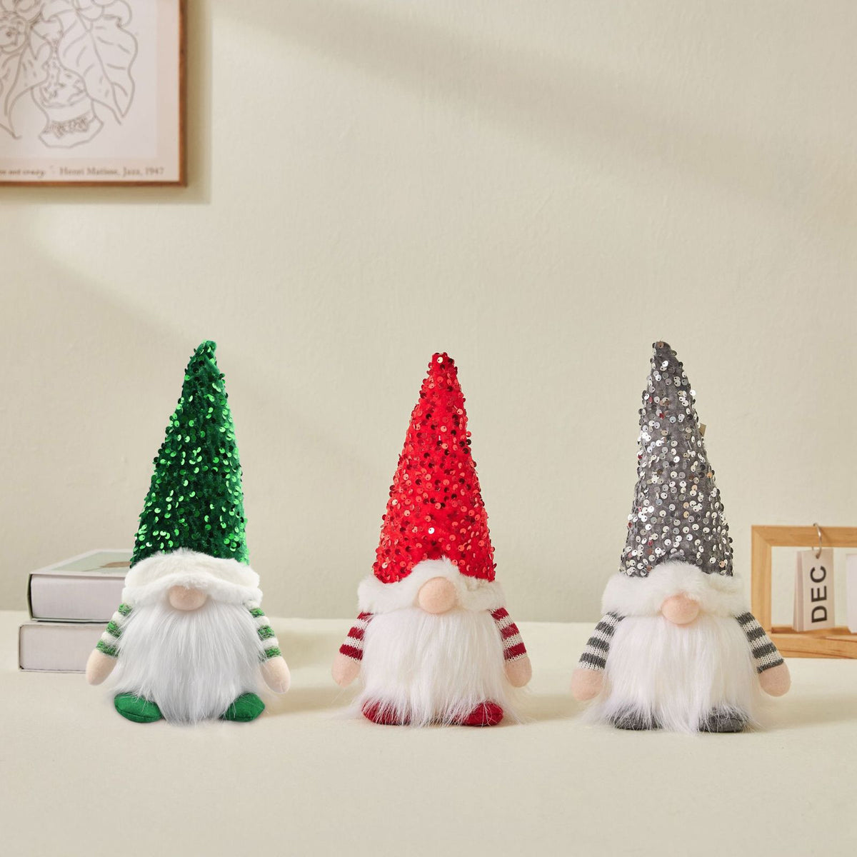 Lighted Christmas Gnome, Handmade Sequins Hat , Light Up Plush Elf Toy Holiday Present, Battery Operated Winter Tabletop Christmas Decorations,3 pcs(red,gray,green)Single size 30 * 16cm