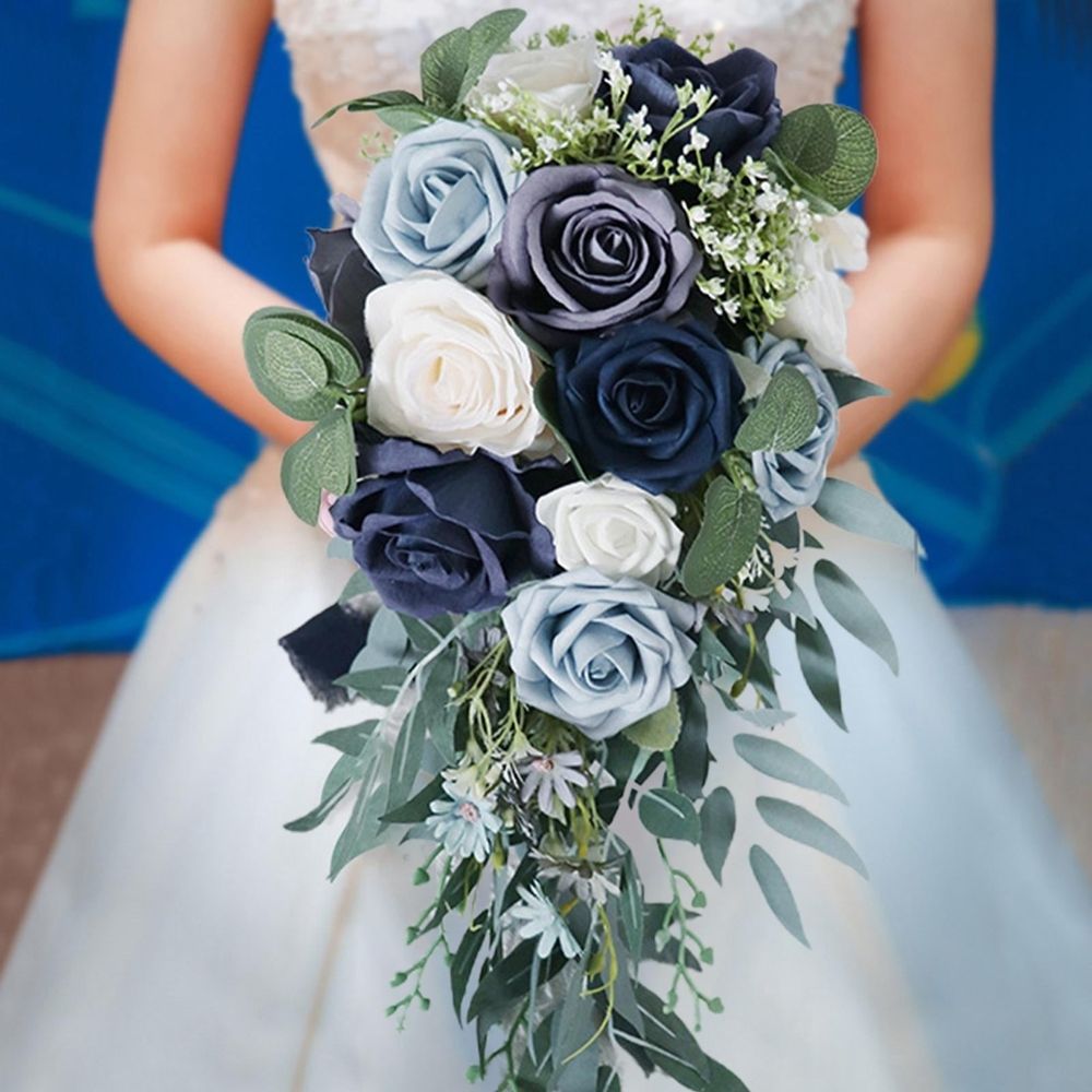 Artificial flowers under $50,Elegant Wedding Bouquets For Bride Rose Flower Floral Handmade Holding Bouquet For Wedding Anniversary Celebrations Photo Props Blue