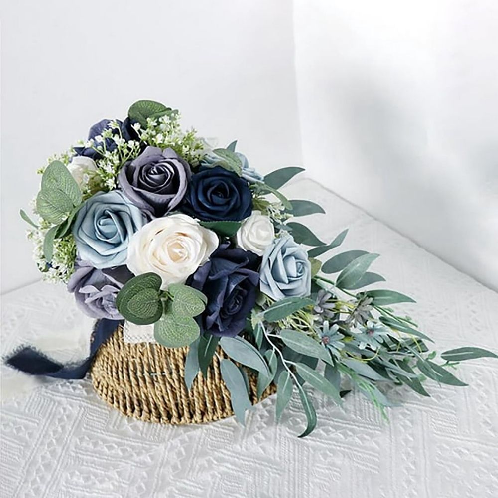 Artificial flowers under $50,Elegant Wedding Bouquets For Bride Rose Flower Floral Handmade Holding Bouquet For Wedding Anniversary Celebrations Photo Props Blue