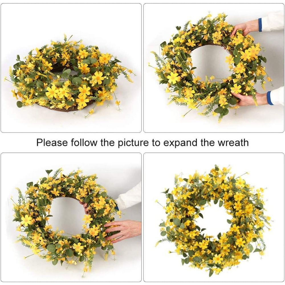 20 Inch Artificial Yellow Wreath Silk Floral Spring Summer Garland For Front Door Window Wall Porch Decoration