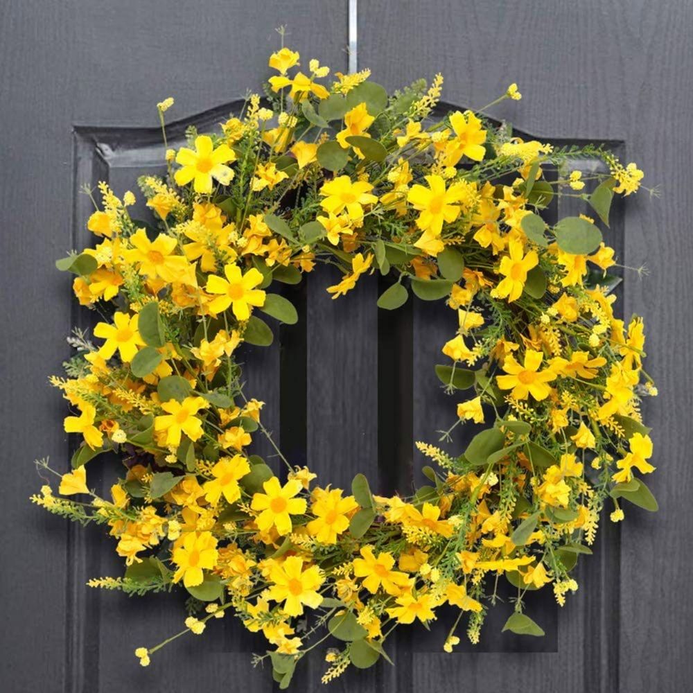20 Inch Artificial Yellow Wreath Silk Floral Spring Summer Garland For Front Door Window Wall Porch Decoration