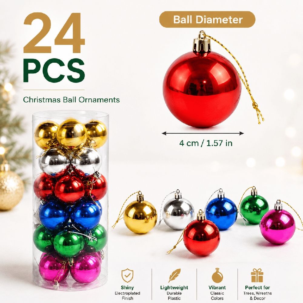 24Pcs Shatterproof Christmas Ornaments, 4CM Multicolor Balls, Ideal for Trees, Party Decor, Safe Plastic, Lightweight
