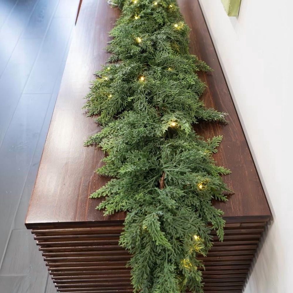 Christmas Garland with Lights, 9ft Pre-Lit LED Faux Cedar Garland for Fireplace Mantle, Indoor Outdoor Holiday Decor, 50 Warm White LEDs