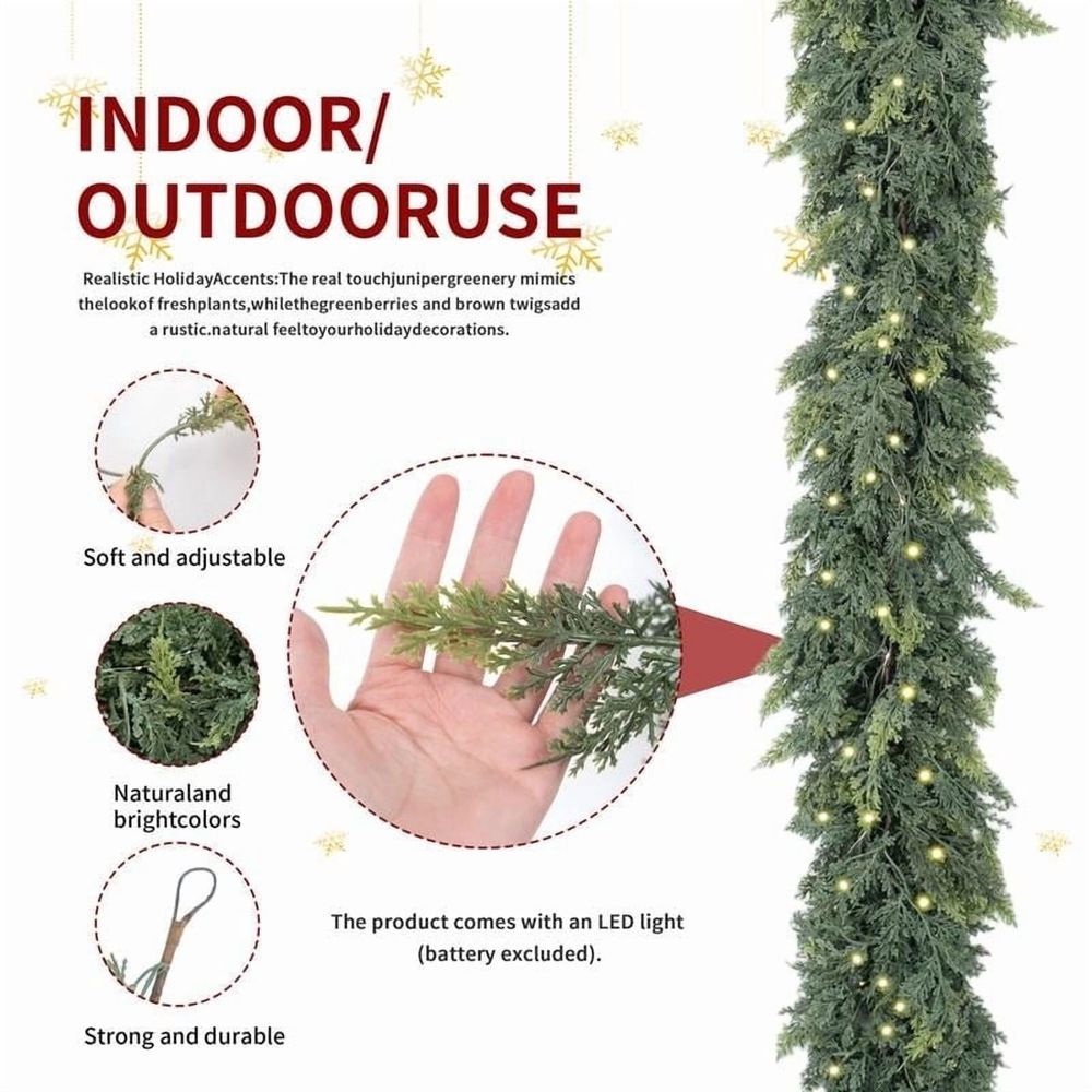 Christmas Garland with Lights, 9ft Pre-Lit LED Faux Cedar Garland for Fireplace Mantle, Indoor Outdoor Holiday Decor, 50 Warm White LEDs