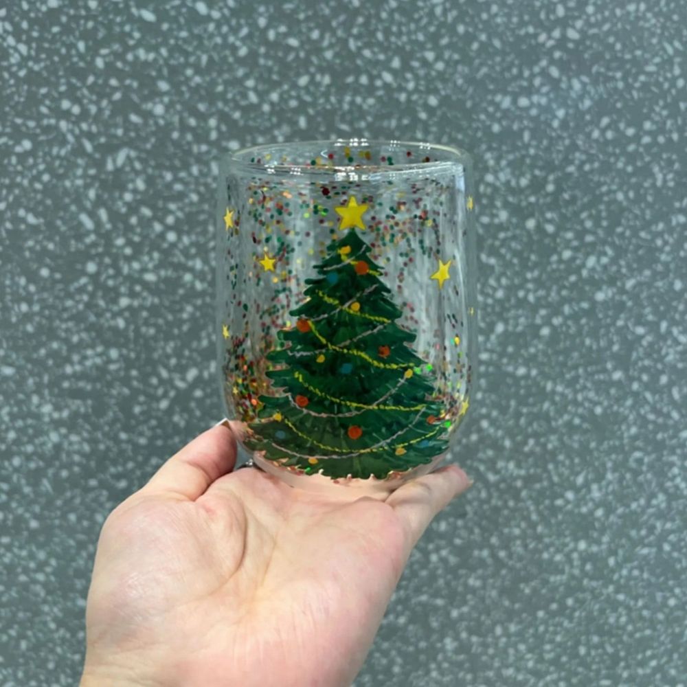 Christmas Tree Double Wall Cup, 13 oz Capacity Colorful Transparent Glass Christmas Tree Drinking Glasses, Christmas Tree Stemless Wine Glasses Coffee Cups for Holiday Christmas Gifts