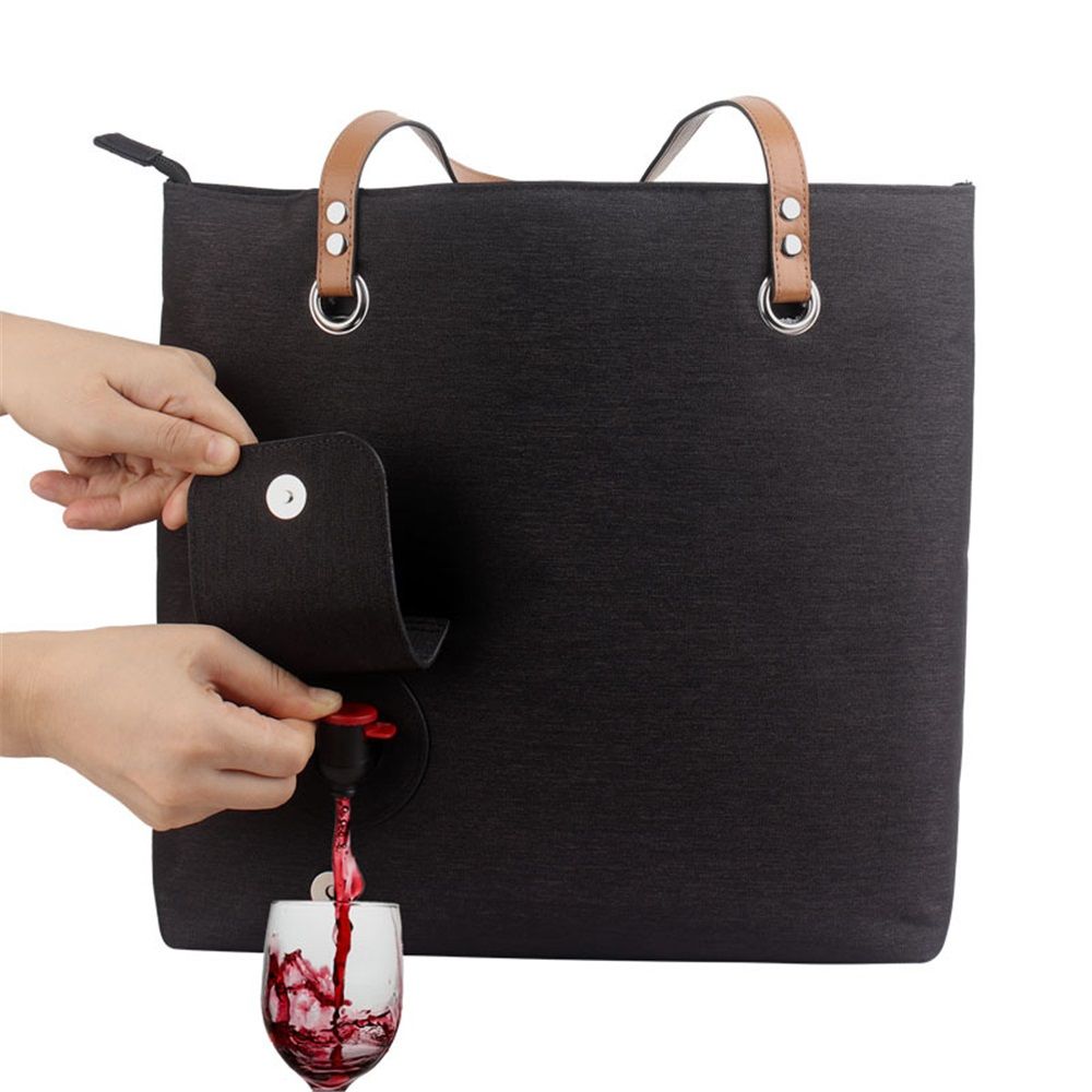 Portable Canvas Wine Tote with Drink Dispenser, Insulated Wine Bag, Black, One Size, Adult, Unisex(Comes with 3 inner compartments)