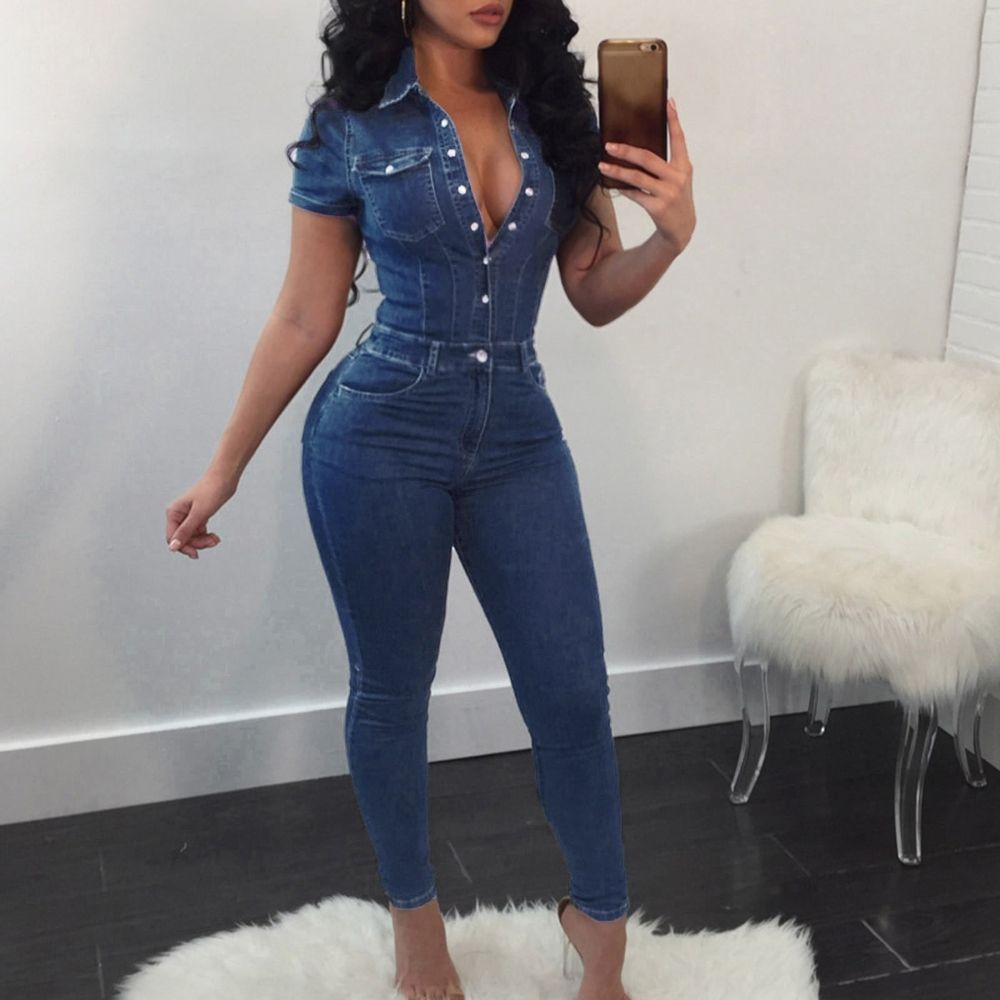 Women's Slim Short Sleeve Casual Denim Jumpsuit