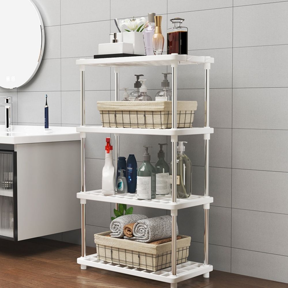 4 Tier Plastic Storage Shelves, Independent Shelving Unit for Pantry, Kitchen, Bathroom, Laundry, Sturdy Connectable Rack, Space Saving Floor Organizer