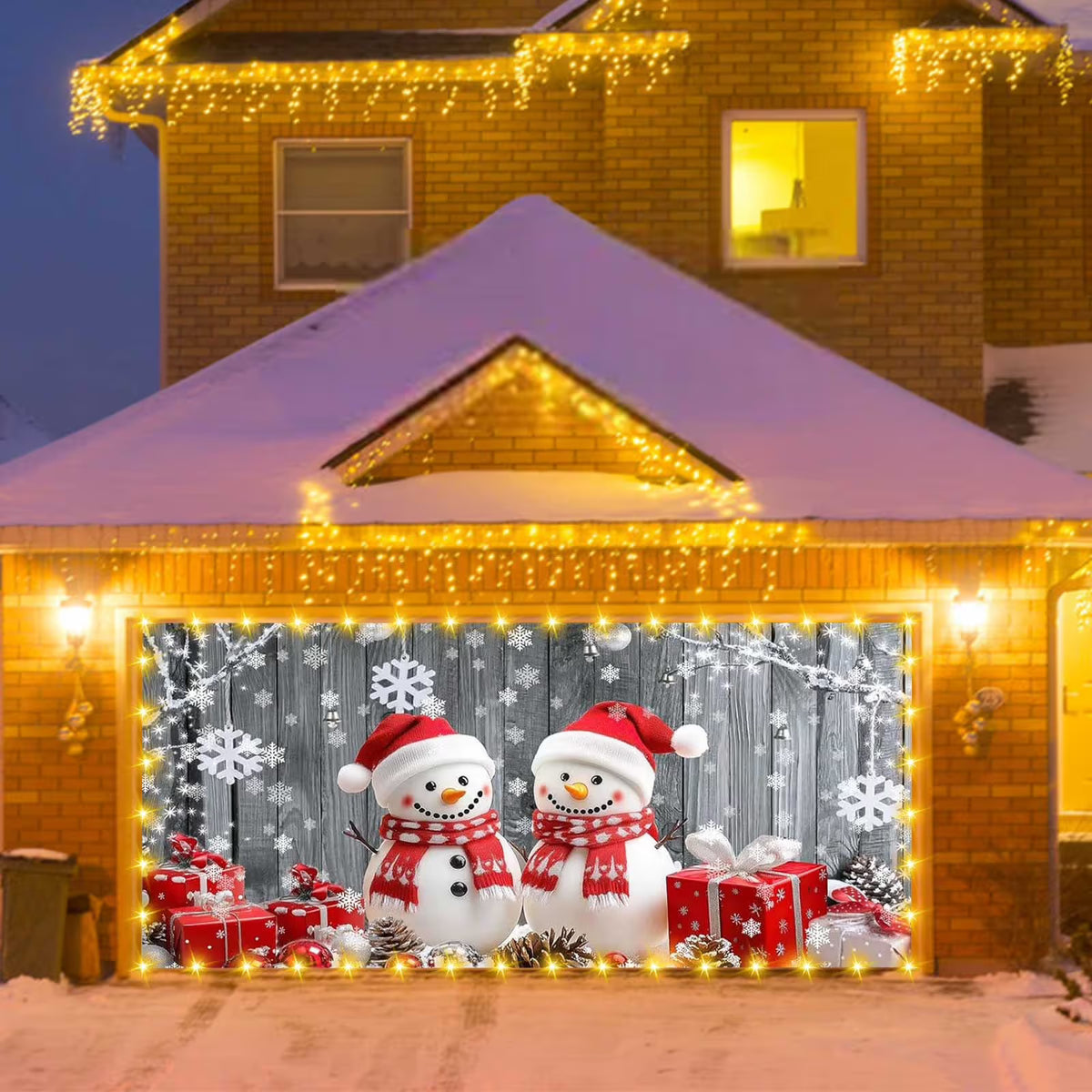 Christmas Garage Door Decorations Garage Door Banner with LED Light String 82.6 x 94.4in Large Garage Door Cover Christmas Backdrop Decoration for Xmas Holiday Winter Party (Snowman)