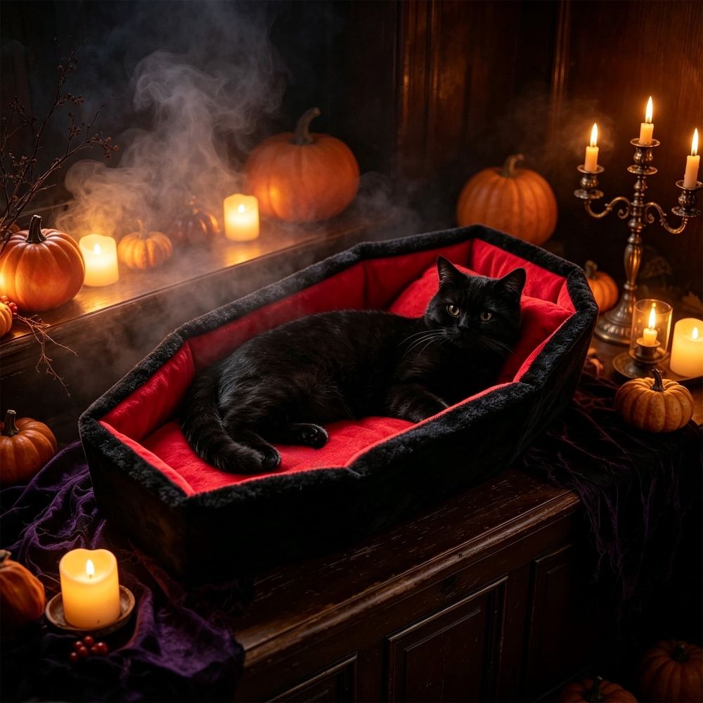 Gothic Cat Bed for Indoor Cats Washable Coffin Cat Bed, Soft Fabric Gothic Pet Furniture Activity Center for Halloween Decor 25.6X17.7X3.9In Black