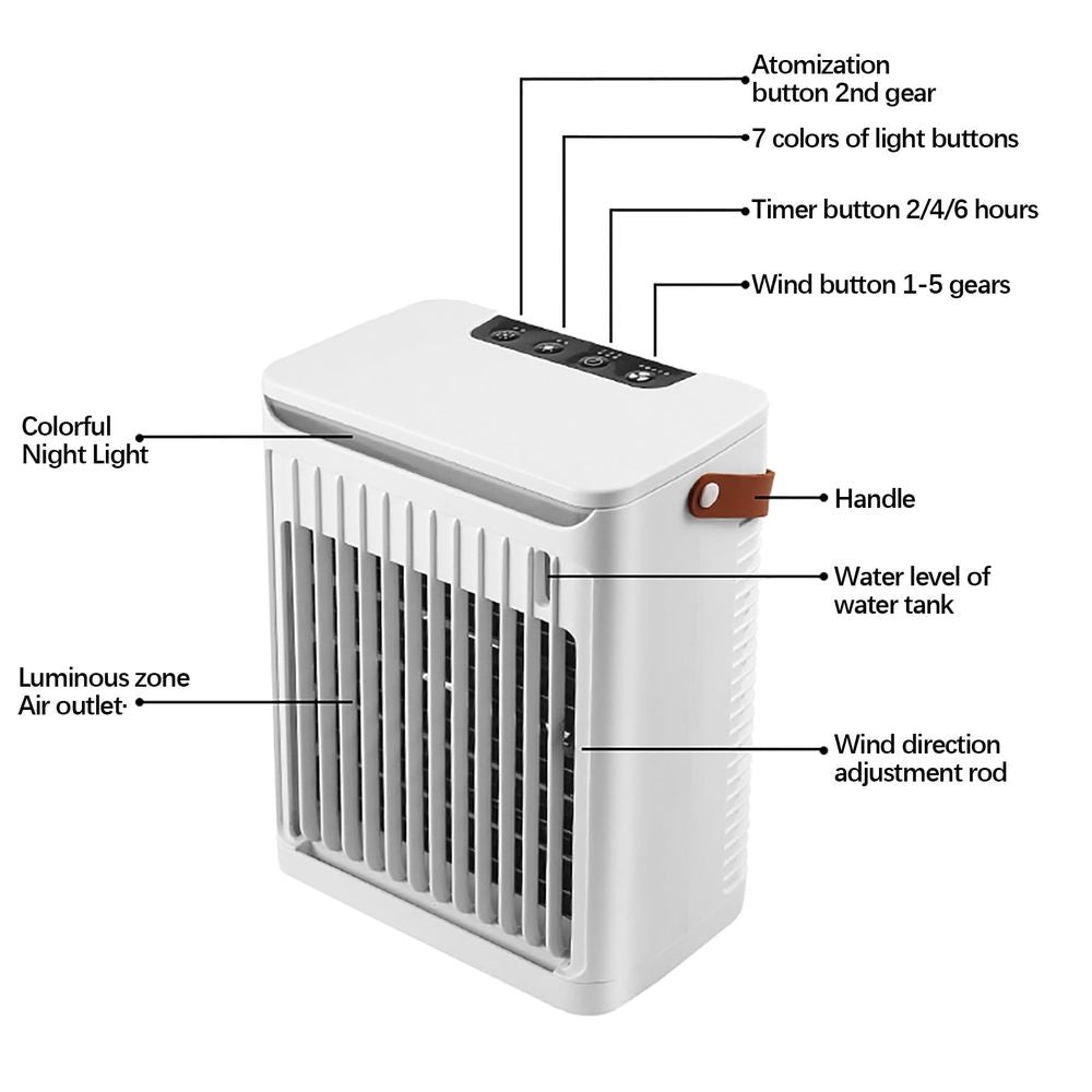Small Air Conditioner Fan, Evaporative Air Cooler with 5 Wind Speed, 3 Timer Modes, 2 Cool Mist and Colorful Night Light, USB Rechargeable Portable AC Unit Strong Airflow Cooling Fan for Office