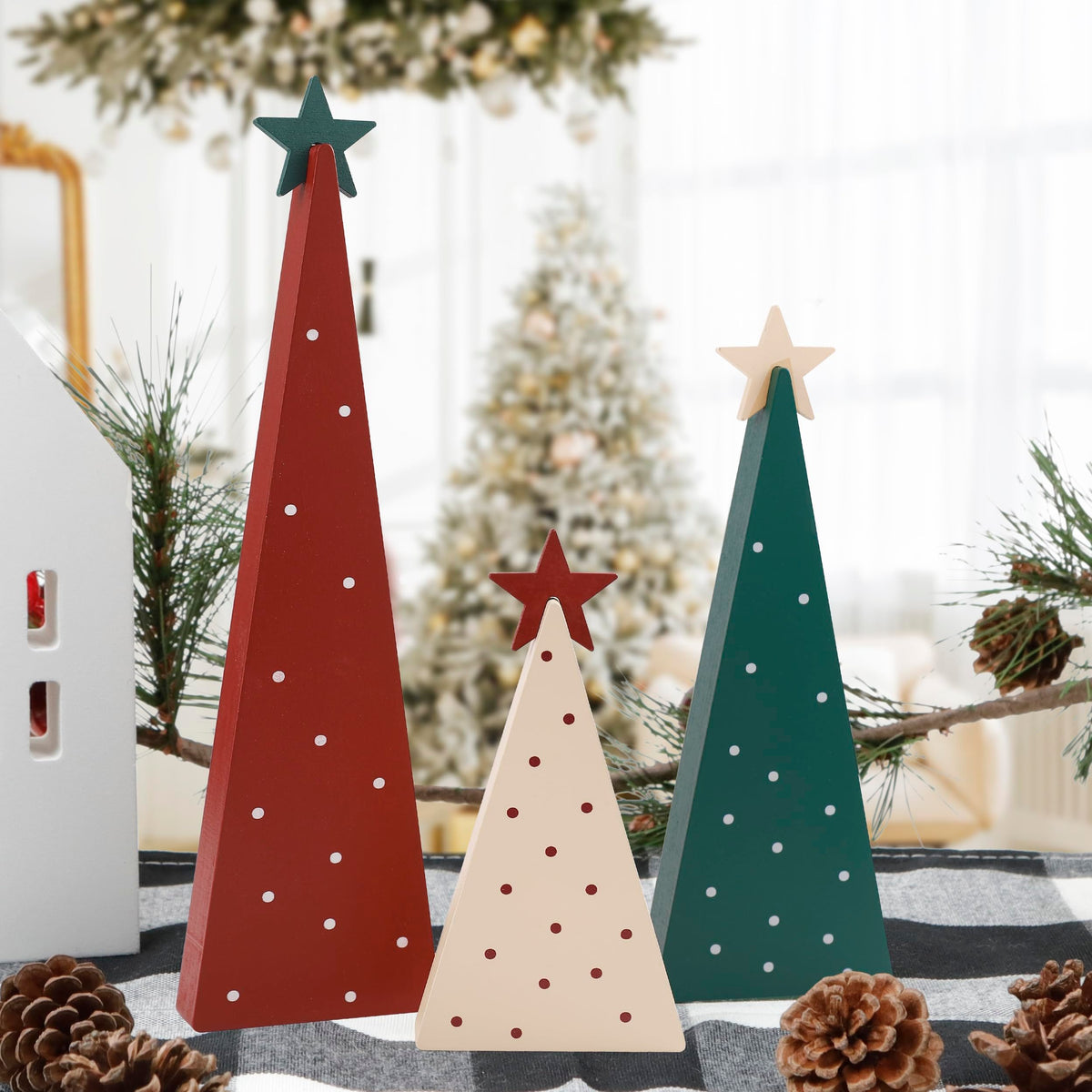 Christmas Decorations-Three Sizes Wooden Tree Sign with Star-Christmas Decorations for Home Shelf Mantel Fireplace Table Party Decor(8*2.4inch,4*2.4inch,6*2.4inch)