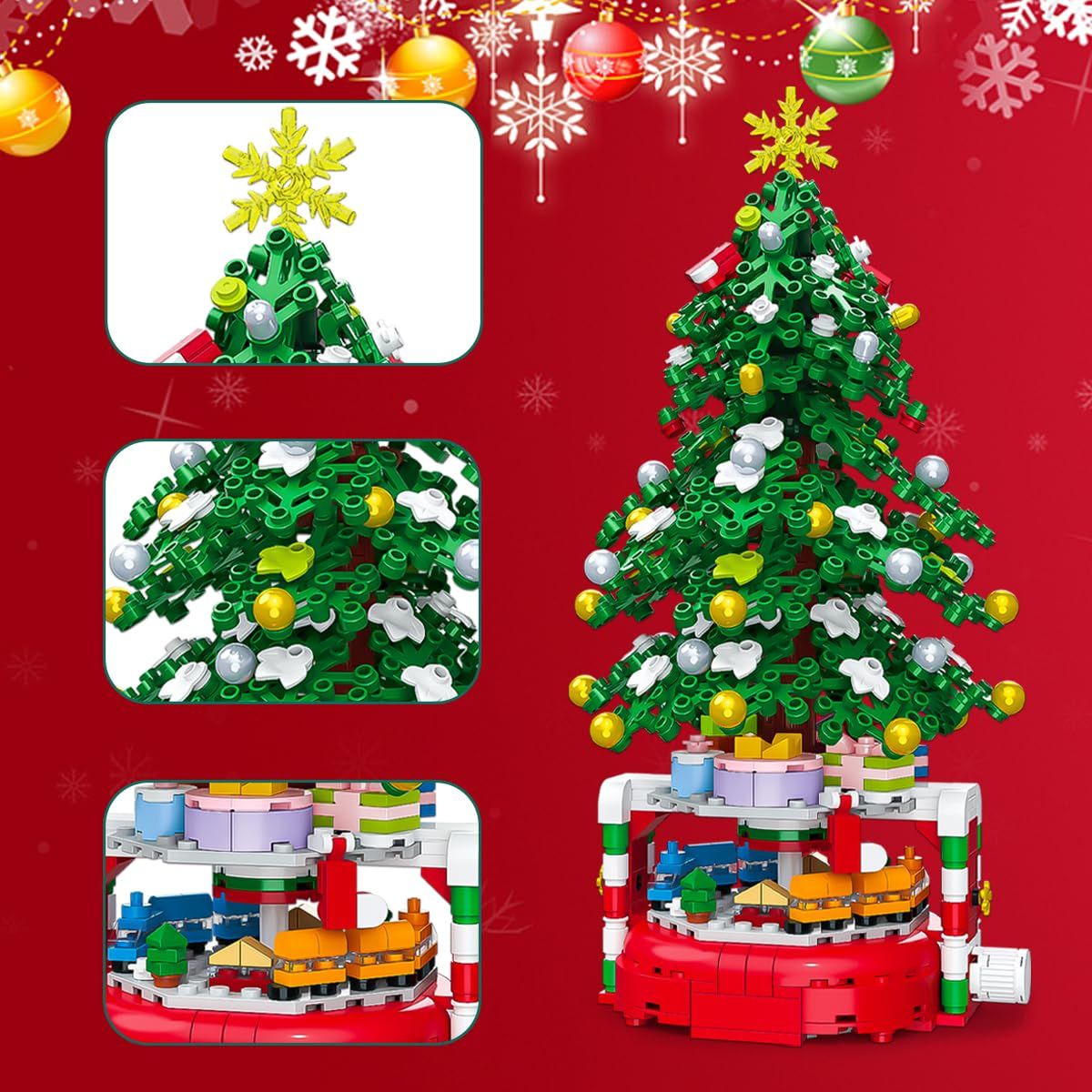 Christmas Tree Building Block Set, 220 Pieces, Rotating Base with Ornaments and Star, Holiday Building Toy, Stocking Stuffers for Kids, Gifts for Boys & Girls(Assembly completed size27.7*14.6cm)