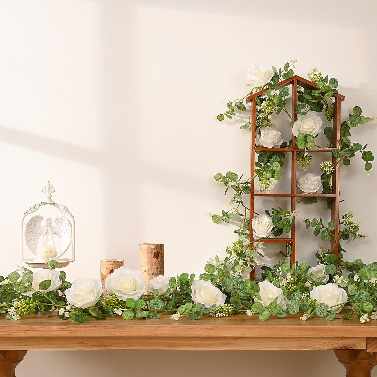 2 Packs 175cn Eucalyptus Garland with Flowers - 6White Roses, Artificial Flower Fake Rose Vine Faux Greenery for Wedding Backdrop Arch Table Wall Party Home Decor, Grey Green
