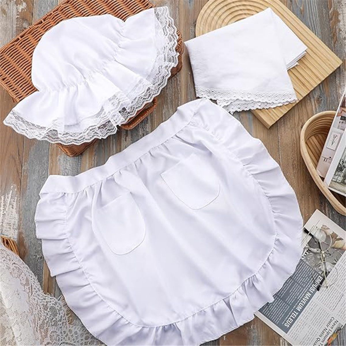 Costume Women Set White Mob Cap Bonnet Shawl Waist Apron Pilgrim Costume Accessories Girl 3pcs