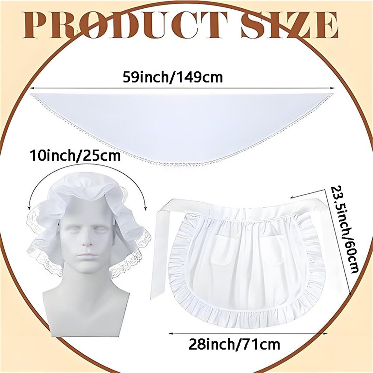 Costume Women Set White Mob Cap Bonnet Shawl Waist Apron Pilgrim Costume Accessories Girl 3pcs