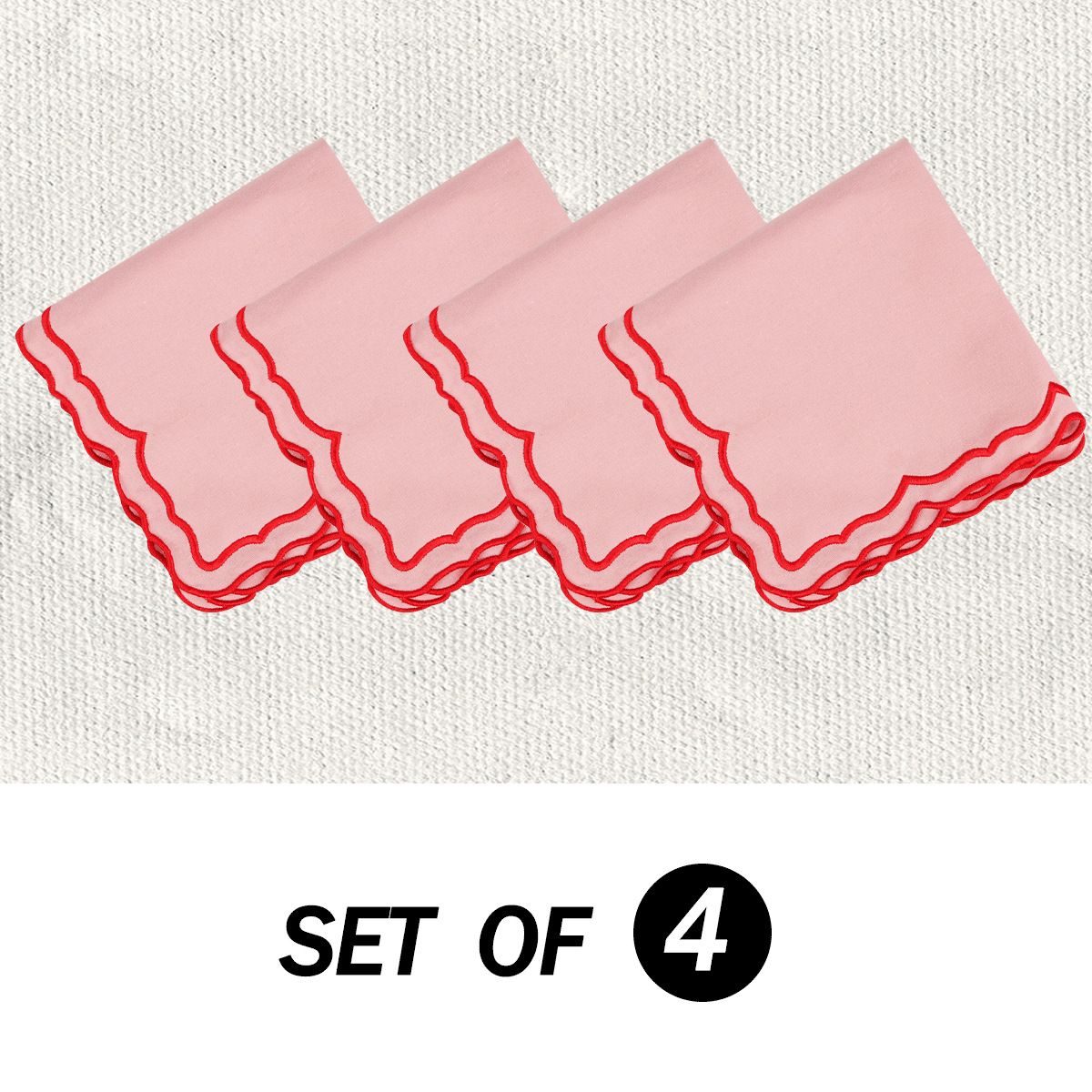 Scalloped Embroidery Cloth Napkins Set of 4 Cotton Napkins for Potluck Party Wedding Table Decor (Square Pink )