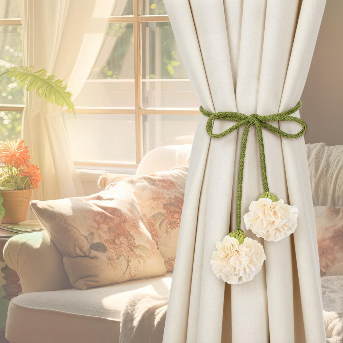 4 Pack Boho Handmade Flower Curtain Tiebacks Curtain Holdbacks - No Drill Rope Curtain Holder, Drapery Holdback Decorative Pull Backs for Nursery & Bedroom Decor (2, Lily of The Valley)