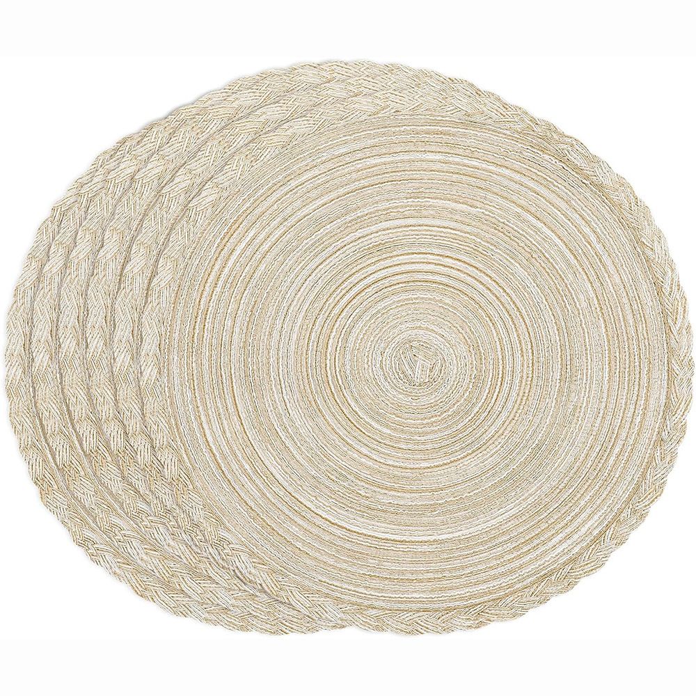 38cm Round Braided Placemats Set of 4, Washable Heat Resistant Circle Boho Place Mats for Kitchen Dining Table -(beige)